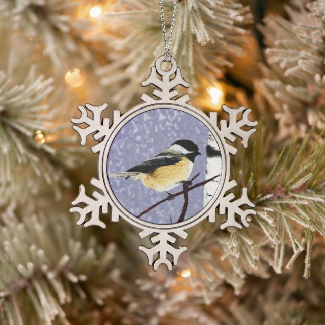 Chickadee Snowflake Pewter Christmas Ornament (Tree)