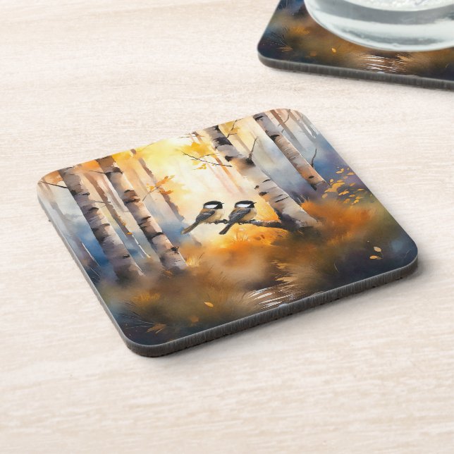 Chickadee Song Birds in an Autumn Forest Coaster (Left Side)