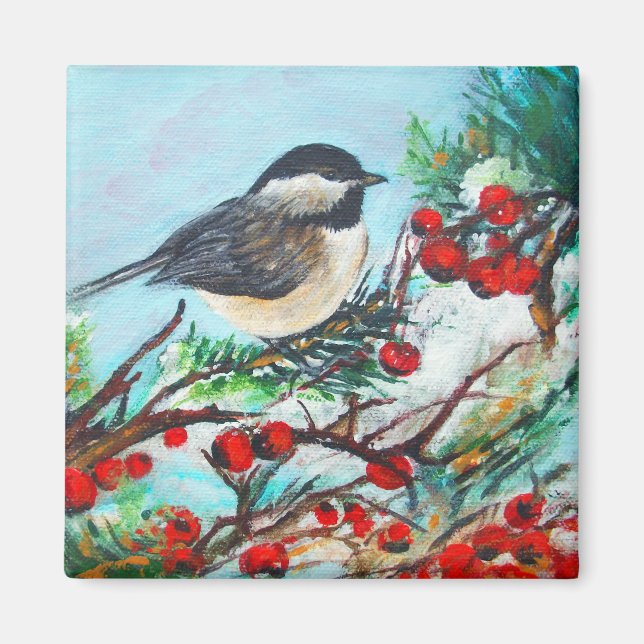 Chickadee-Sweet Winter Black-Capped Chickadee Bird Magnet (Front)