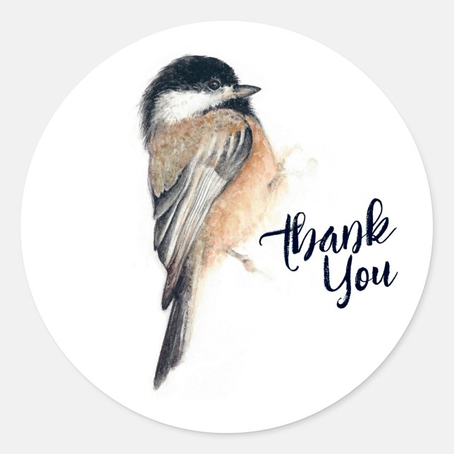 Chickadee Thank You Classic Round Sticker (Chickadee Thank You Classic Round Sticker from Jenn's Emporium. )
