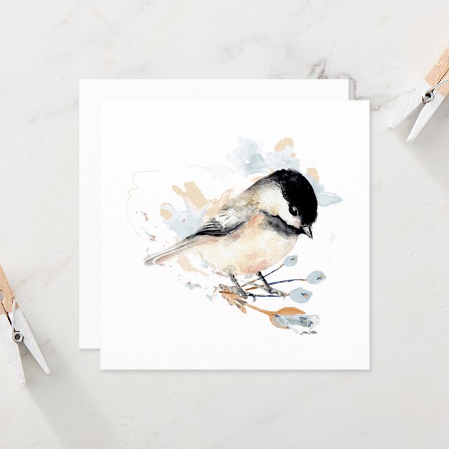 Chickadee Watercolor Bird Art (Chickadee watercolor blank note card by Jenn Steffen Art)