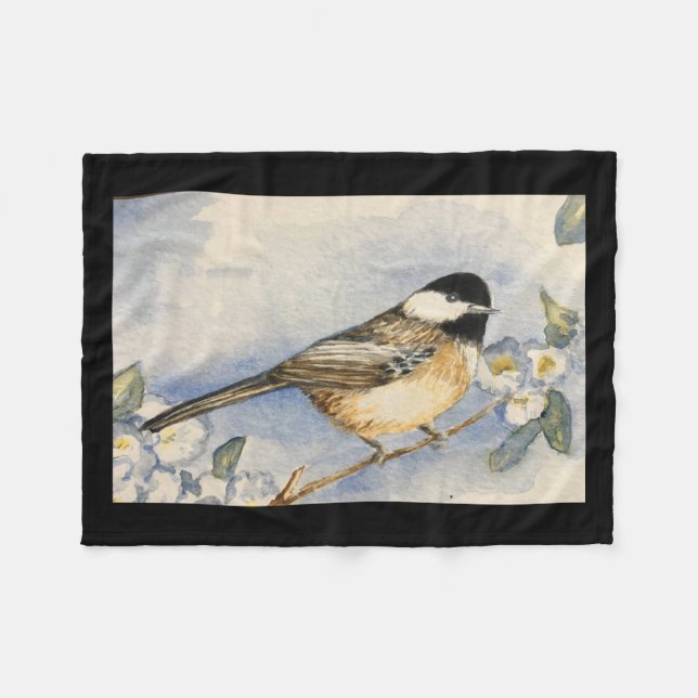 Chickadee Watercolor Fleece Blanket Florals (Front (Horizontal))