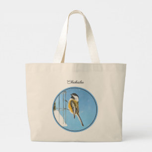 Chickadee Winter Feeder Painting Original Bird Art Large Tote Bag