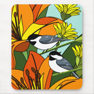 Chickadee With Floral Print Mouse Pad