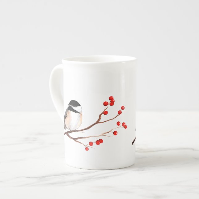 Chickadee with Red Berries - Single Branch Bone China Mug (Front Left)
