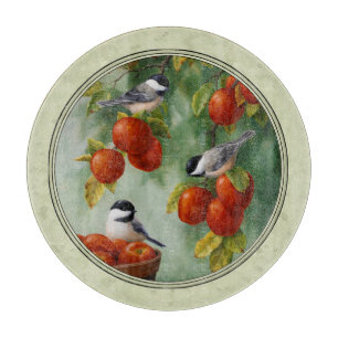 Chickadees and Apple Tree Green Cutting Board
