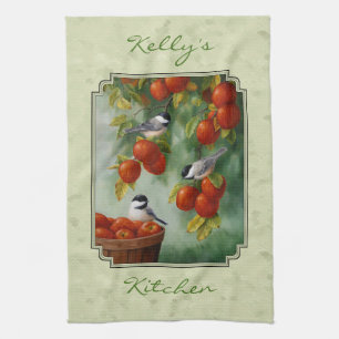 Chickadees and Apple Tree Green Tea Towel