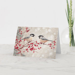 Chickadees and Red Berries with Snowflakes Card