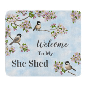 Chickadees & Apple Blossoms She Shed Personalise Cutting Board