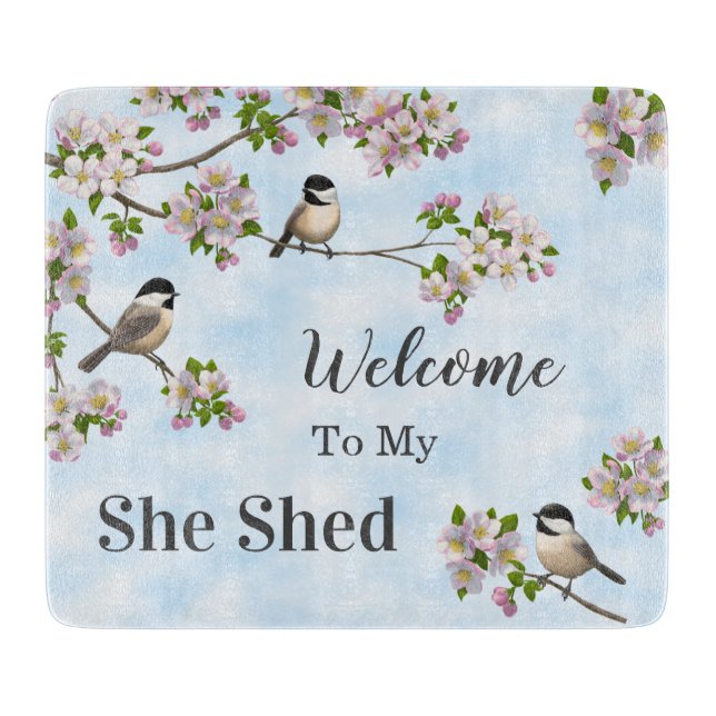 Chickadees & Apple Blossoms She Shed Personalise Cutting Board (Front)