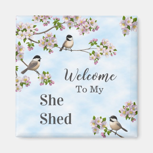 Chickadees & Apple Blossoms She Shed Personalize Magnet (Front)