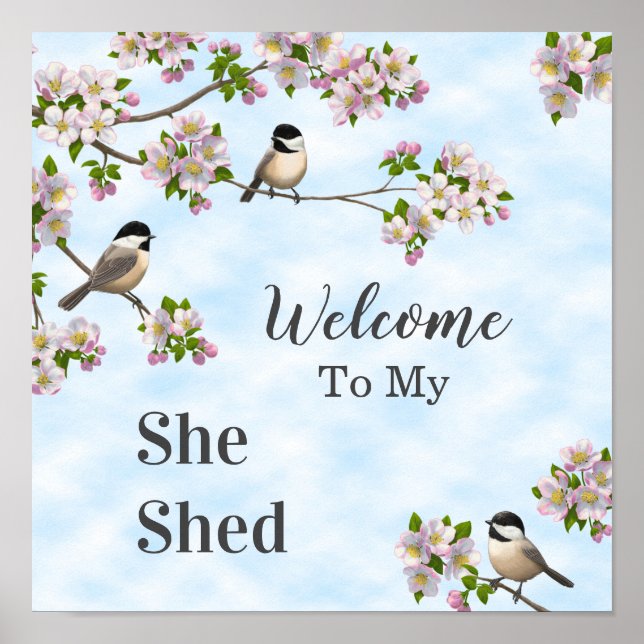 Chickadees & Apple Blossoms She Shed Personalize Poster (Front)