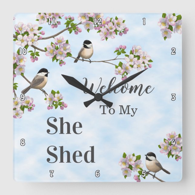 Chickadees & Apple Blossoms She Shed Personalize Square Wall Clock (Front)