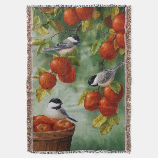 Chickadees Apple Harvest Throw Blanket (Front Vertical)