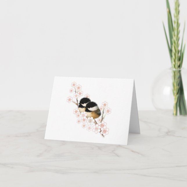 Chickadees Cherry Blossom Blank Greeting Card (Front)