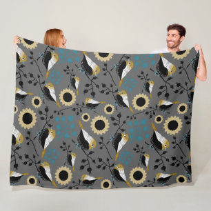 Chickadees Flowers Berries Teal Gold Black Fleece Blanket
