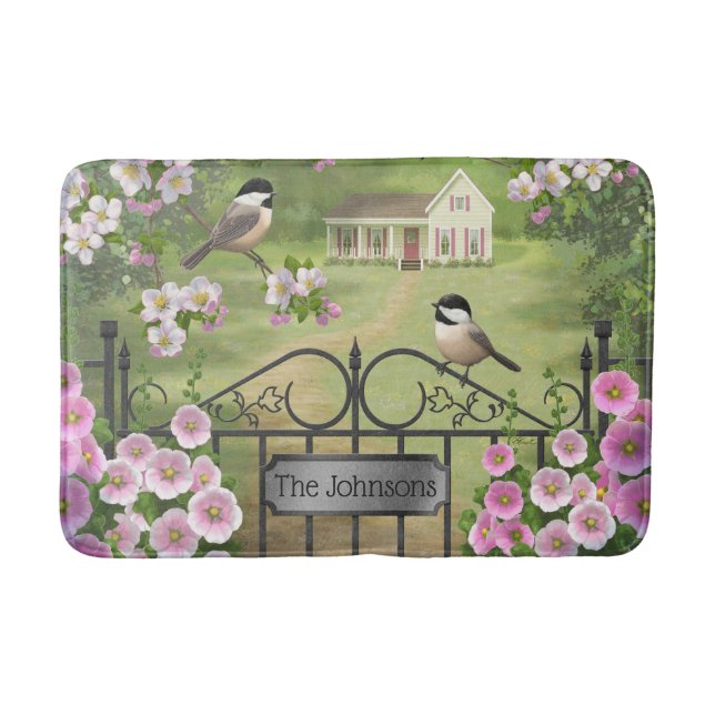 Chickadees Flowers Victorian Farmhouse Bath Mat (Front)