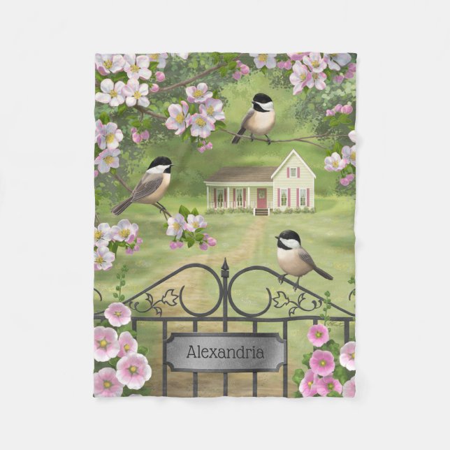 Chickadees Flowers Victorian Farmhouse Fleece Blanket (Front)