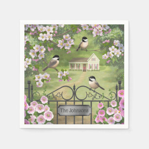 Chickadees Flowers Victorian Farmhouse Napkin