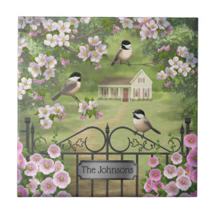Chickadees Flowers Victorian Farmhouse Tile