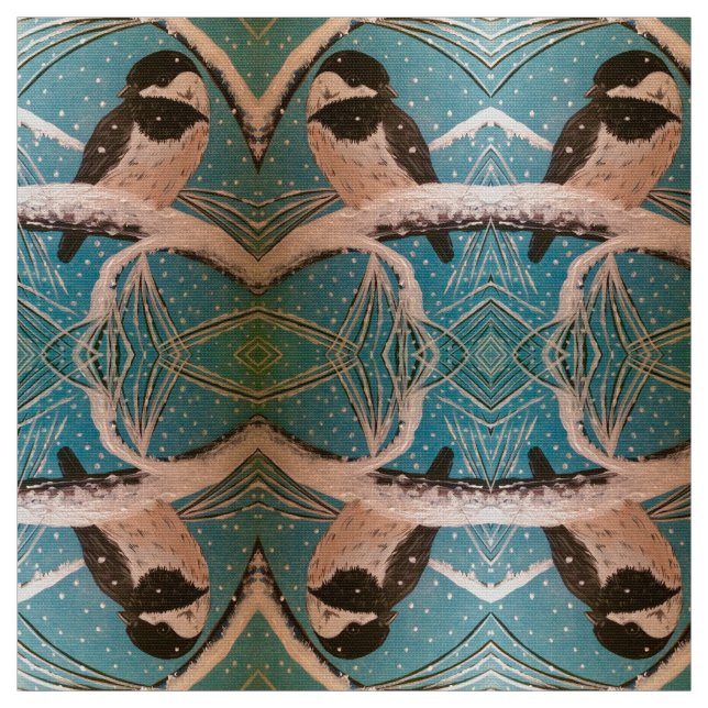 Chickadees in Holiday Branches Fabric (Swatch)