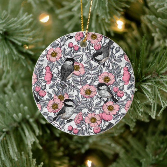 Chickadees in the wild rose ceramic ornament (Tree)