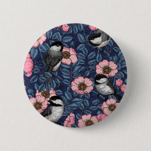 Chickadees in the wild rose in pink and blue 6 cm round badge
