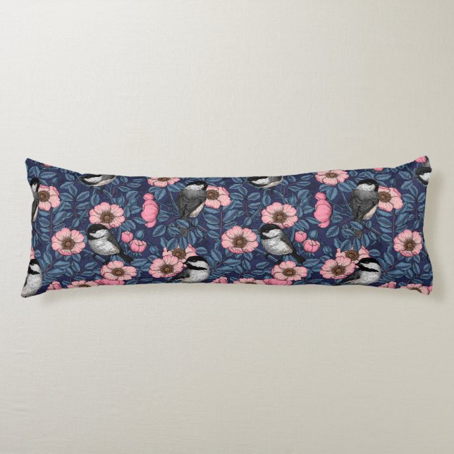 Chickadees in the wild rose in pink and blue body cushion (Front)