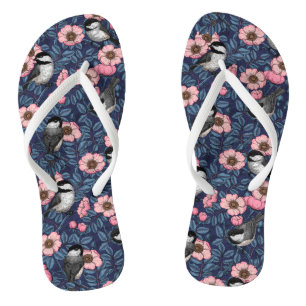 Chickadees in the wild rose in pink and blue jandals