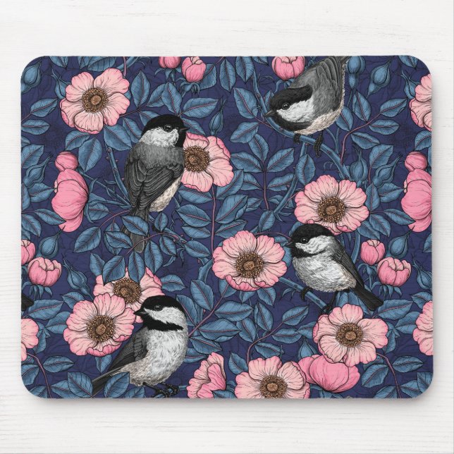 Chickadees in the wild rose in pink and blue mouse pad (Front)