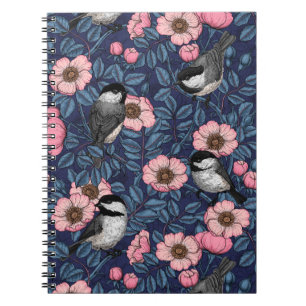 Chickadees in the wild rose in pink and blue noteb notebook