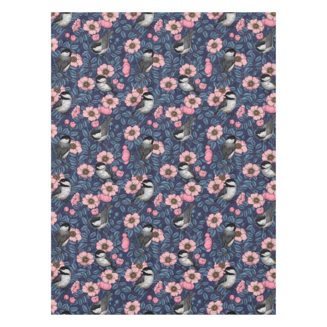 Chickadees in the wild rose in pink and blue tablecloth (Front)