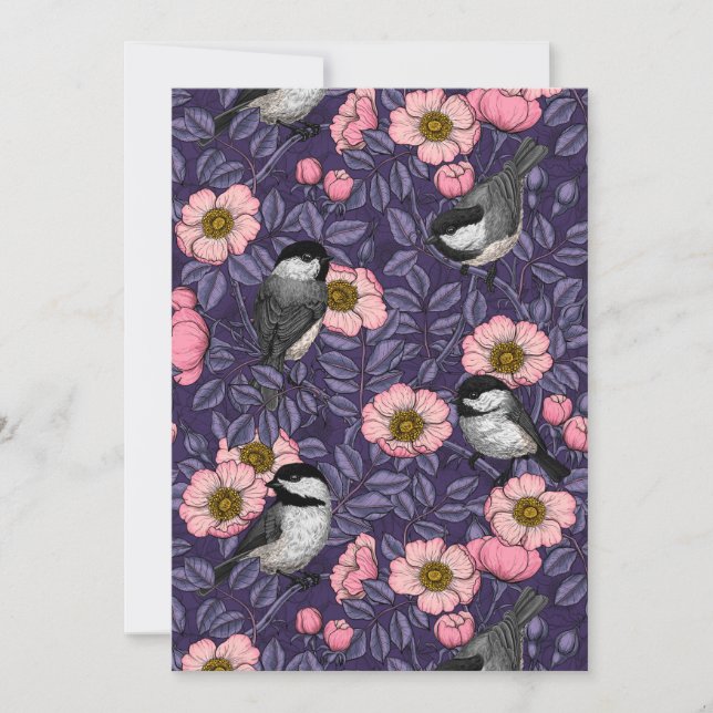 Chickadees in the wild rose in pink and violet (Front)