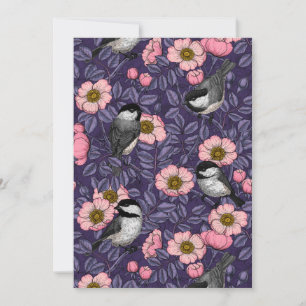 Chickadees in the wild rose in pink and violet