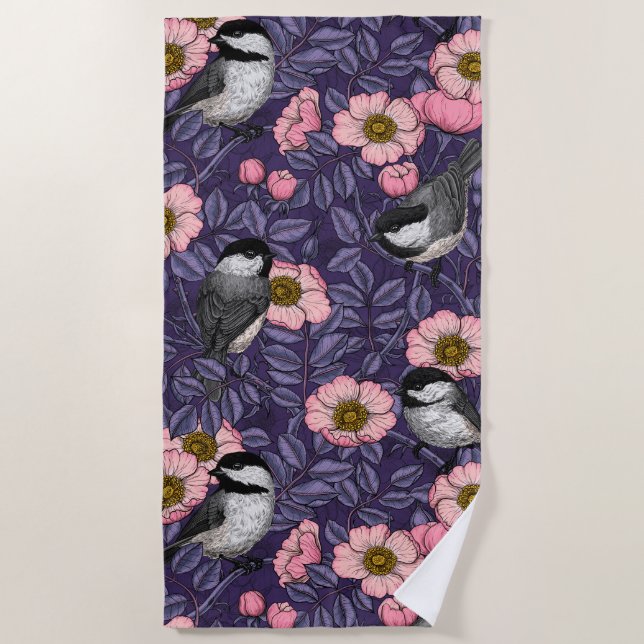 Chickadees in the wild rose in pink and violet beach towel (Front)