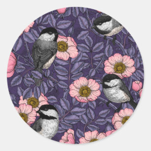 Chickadees in the wild rose in pink and violet classic round sticker