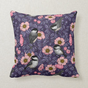 Chickadees in the wild rose in pink and violet cushion