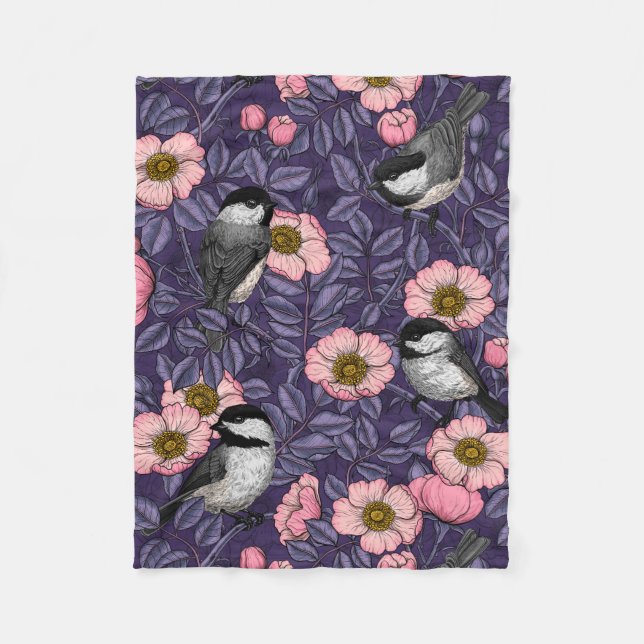 Chickadees in the wild rose in pink and violet fleece blanket (Front)