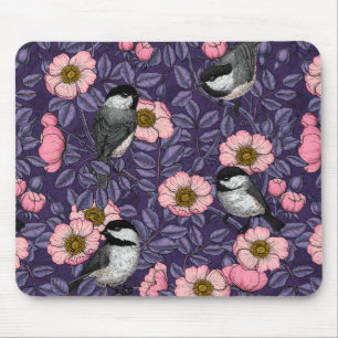Chickadees in the wild rose in pink and violet mouse pad