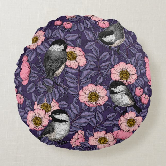 Chickadees in the wild rose in pink and violet round cushion (Front)