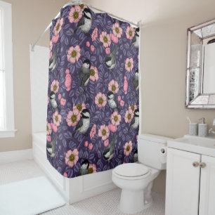 Chickadees in the wild rose in pink and violet shower curtain