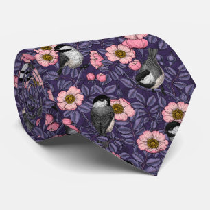 Chickadees in the wild rose in pink and violet tie