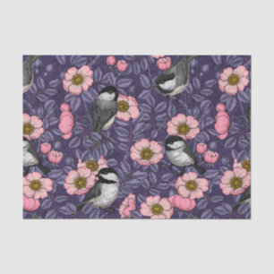 Chickadees in the wild rose in pink and violet tissue paper
