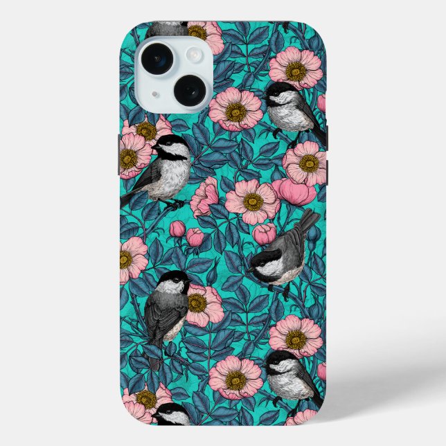 Chickadees in the wild rose, pink and blue Case-Mate iPhone case (Back)