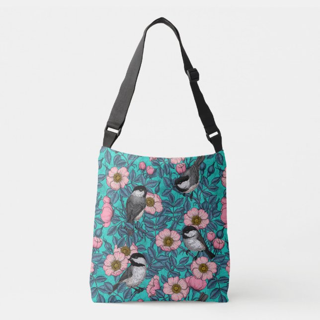 Chickadees in the wild rose, pink and blue crossbody bag (Front)