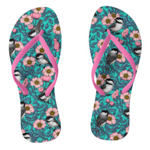 Chickadees in the wild rose, pink and blue jandals