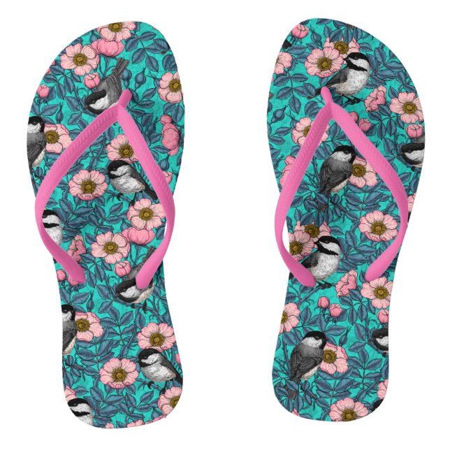Chickadees in the wild rose, pink and blue jandals (Footbed)