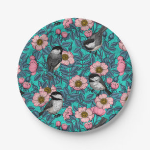 Chickadees in the wild rose, pink and blue paper plate