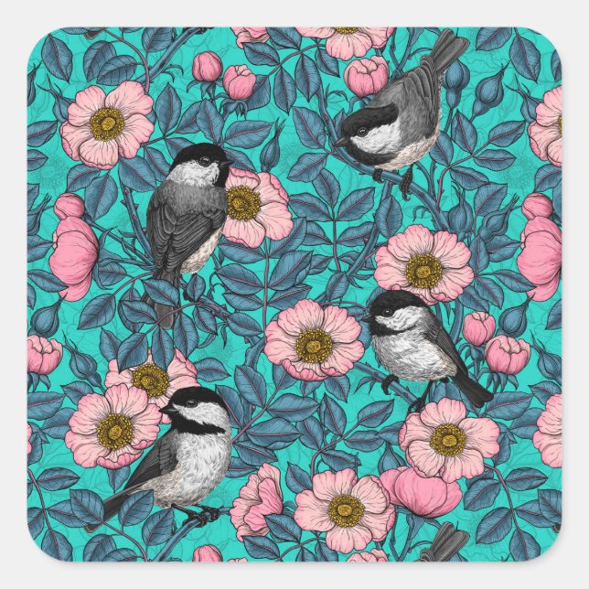 Chickadees in the wild rose, pink and blue square sticker (Front)