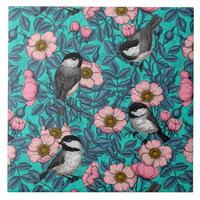 Chickadees in the wild rose, pink and blue tile (Front)
